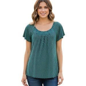 Michael Kors Blue Navy/turquoise Stripe Top Shirt Flutter Sleeves size small